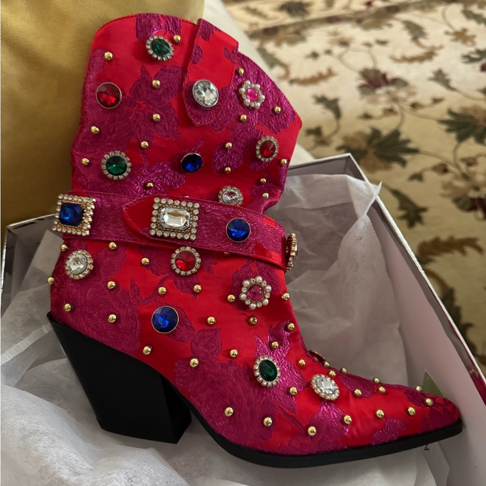Embellished Red Ankle Boots